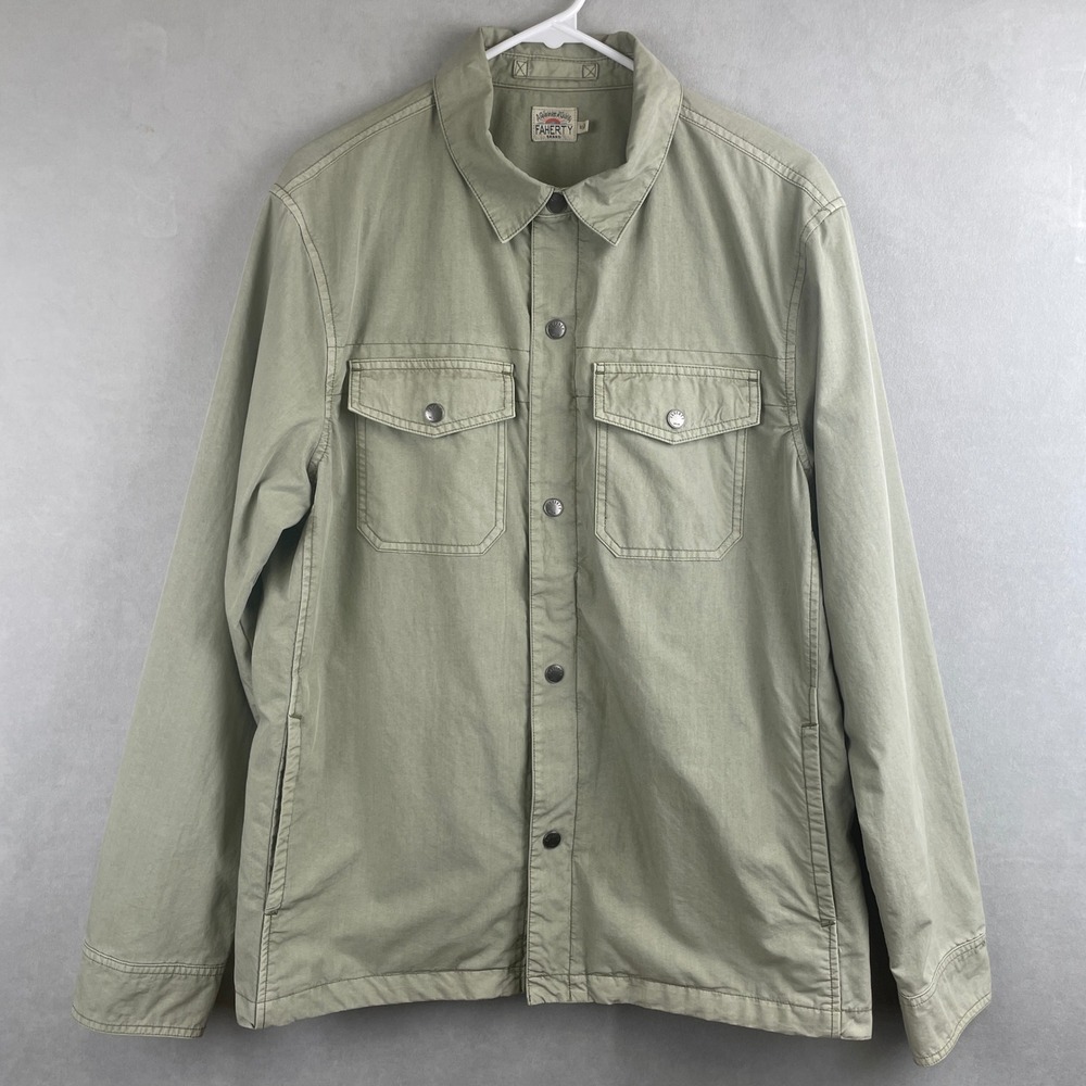 Faherty Cooper Shacket Mens Sage Green Snap Front Utility Outdoor Shirt Jacket M